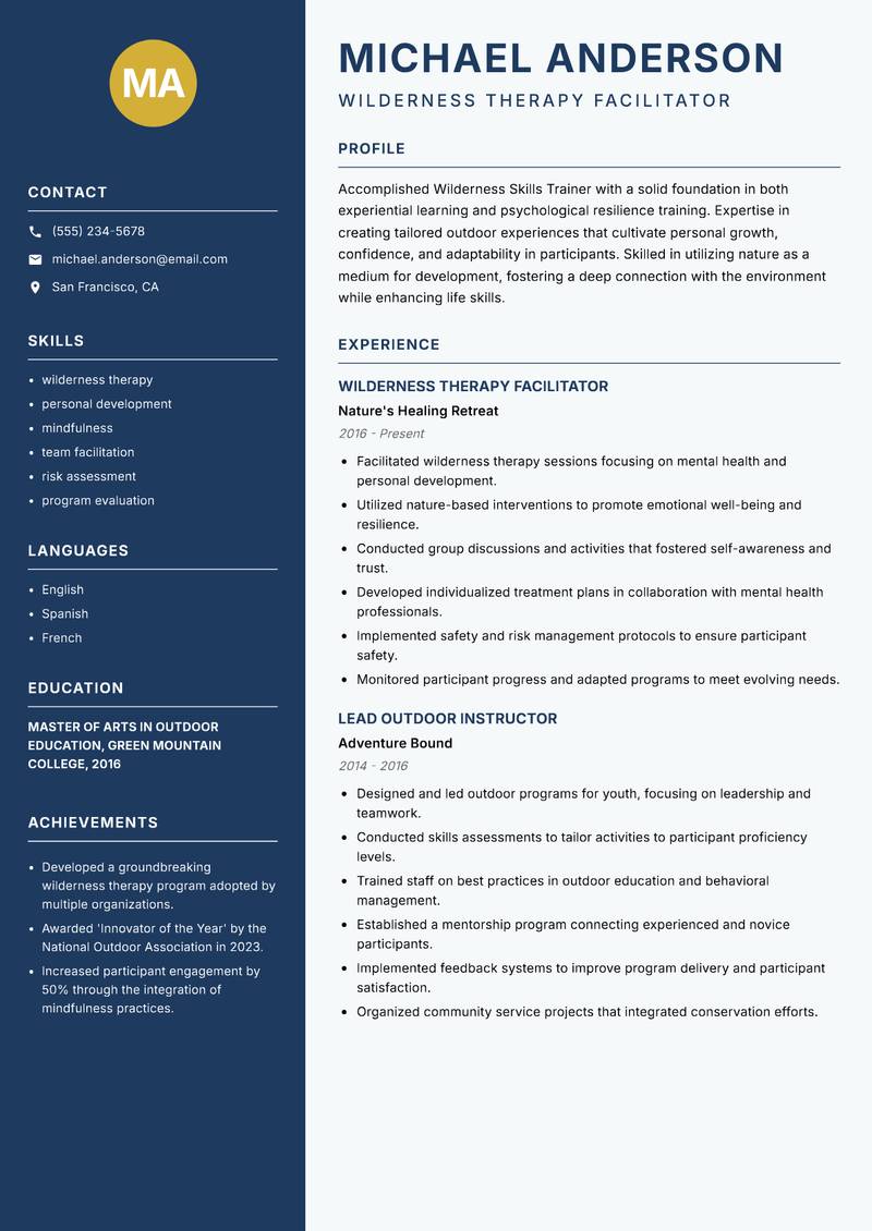 Wilderness Skills Trainer resume template — Classic Clean