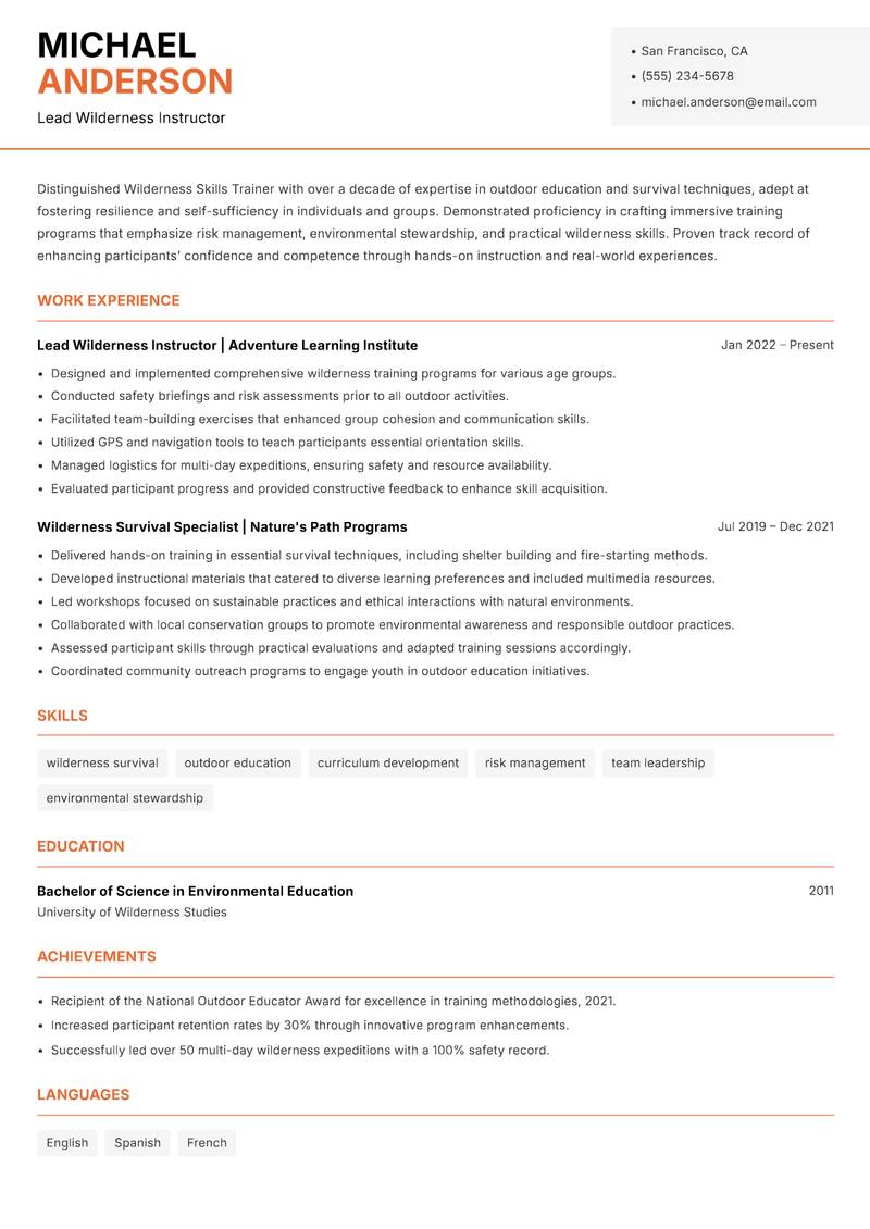 Wilderness Skills Trainer resume template — Modern Professional