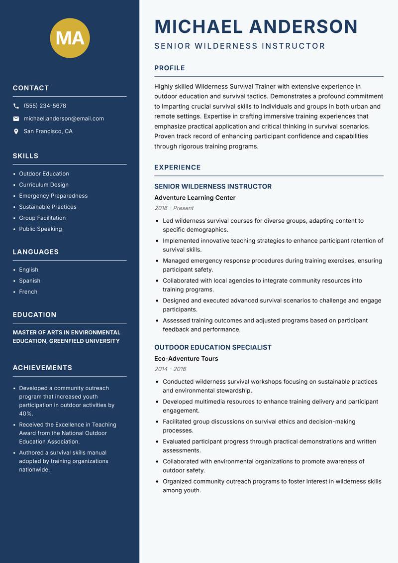 Wilderness Survival Trainer resume template — Classic Clean