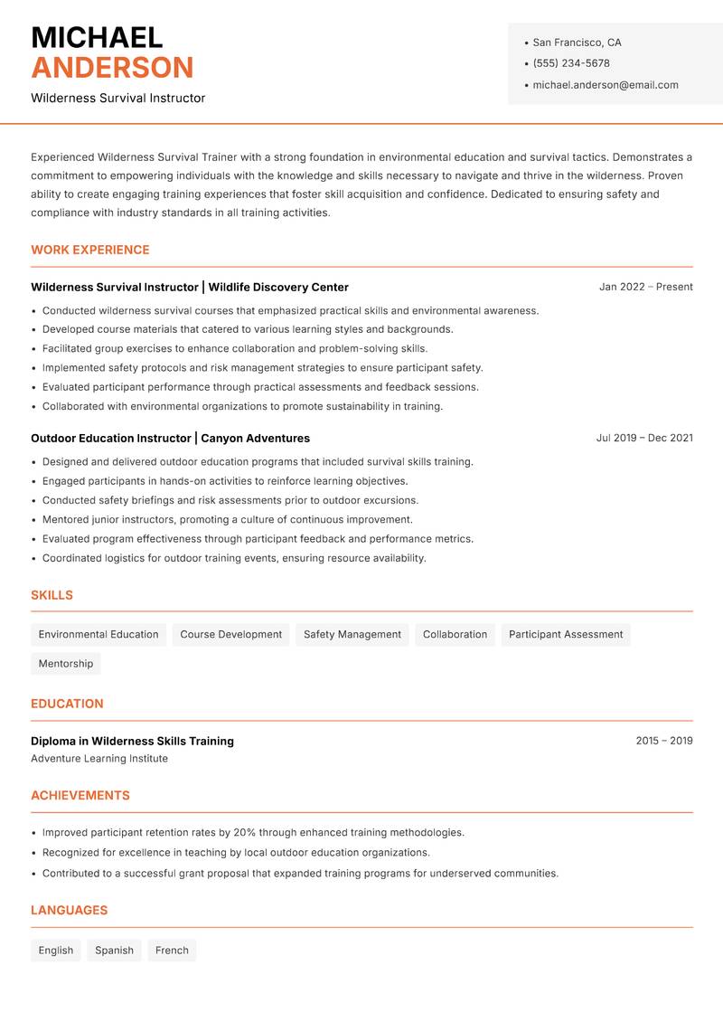 Wilderness Survival Trainer resume template — Modern Professional