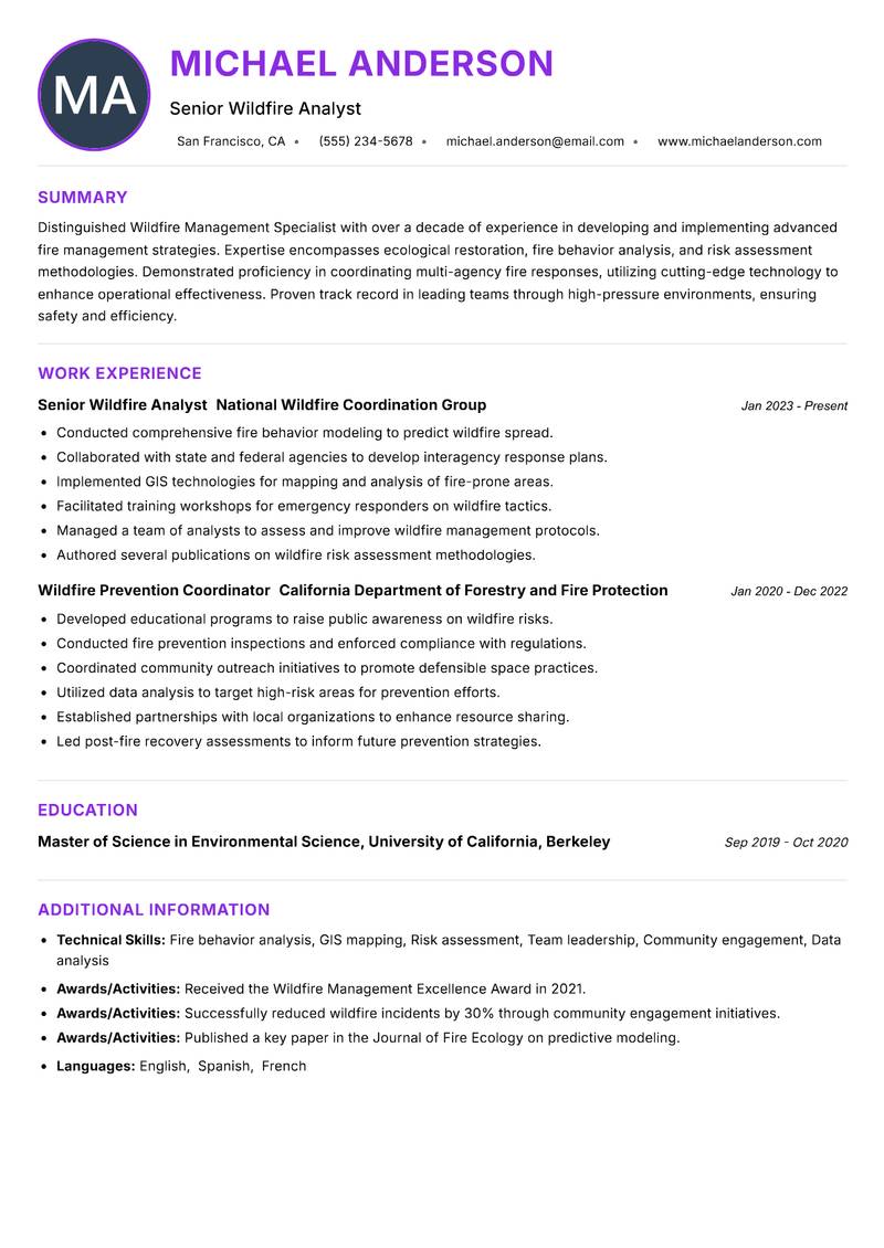 Wildfire Management Specialist resume example — ATS-friendly template