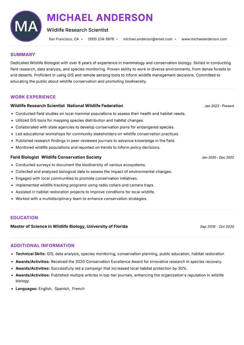 Wildlife Biologist resume example — ATS-friendly template