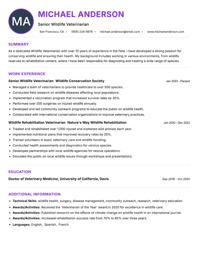 Wildlife Veterinarian resume example — ATS-friendly template
