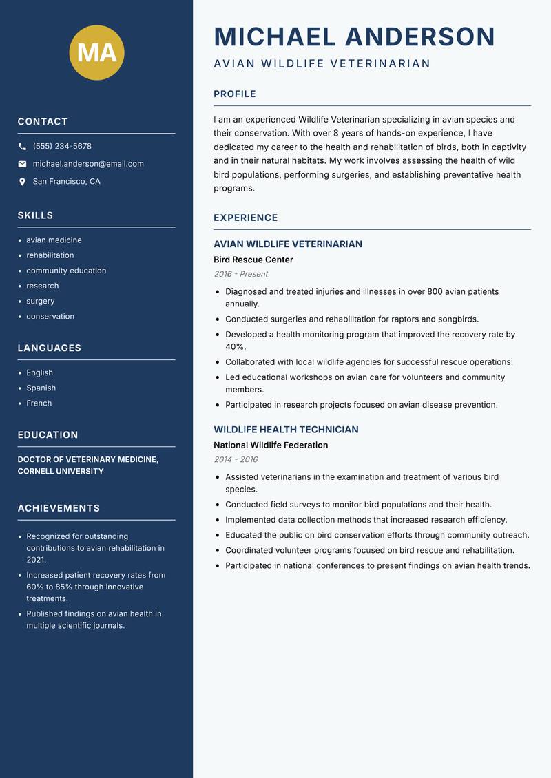 Wildlife Veterinarian resume template — Classic Clean