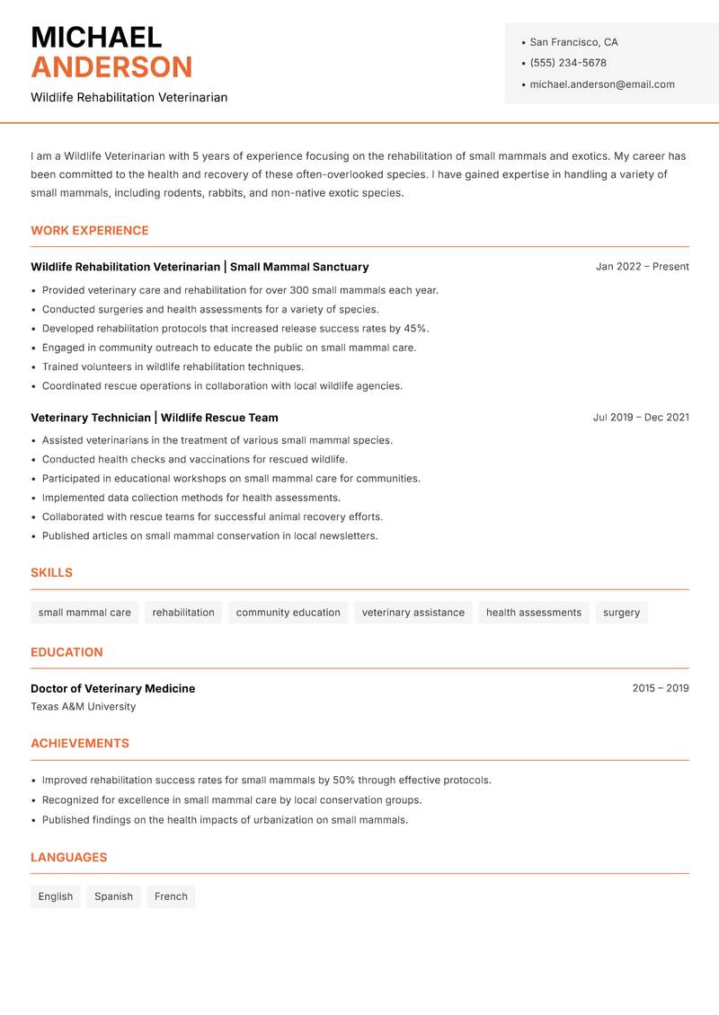 Wildlife Veterinarian resume template — Modern Professional