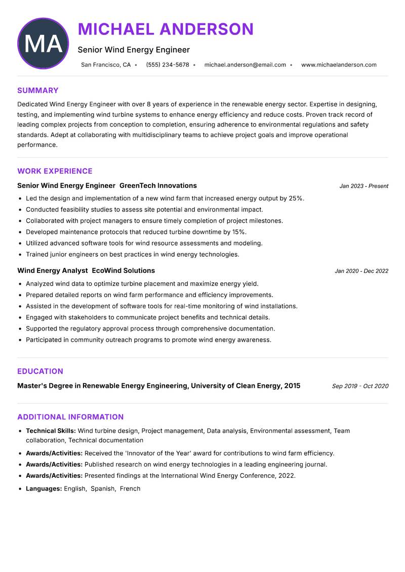 Wind Energy Engineer resume example — ATS-friendly template