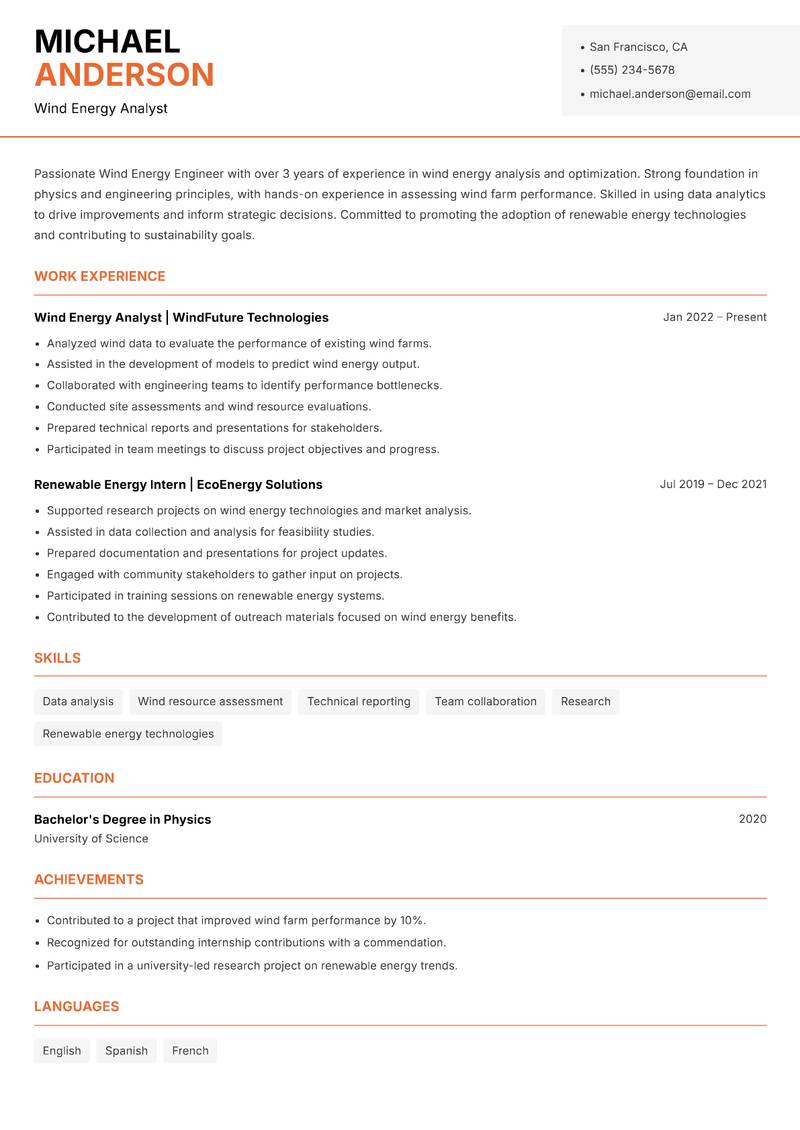 Wind Energy Engineer resume template — Modern Professional