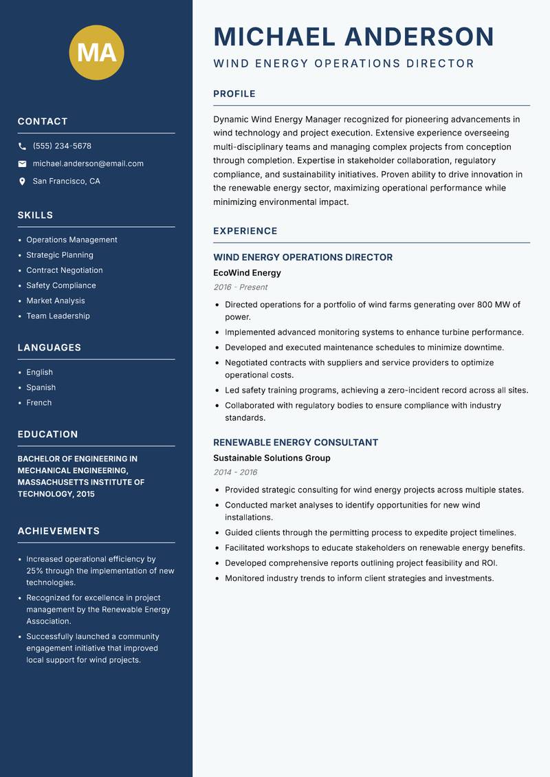 Wind Energy Manager resume template — Classic Clean