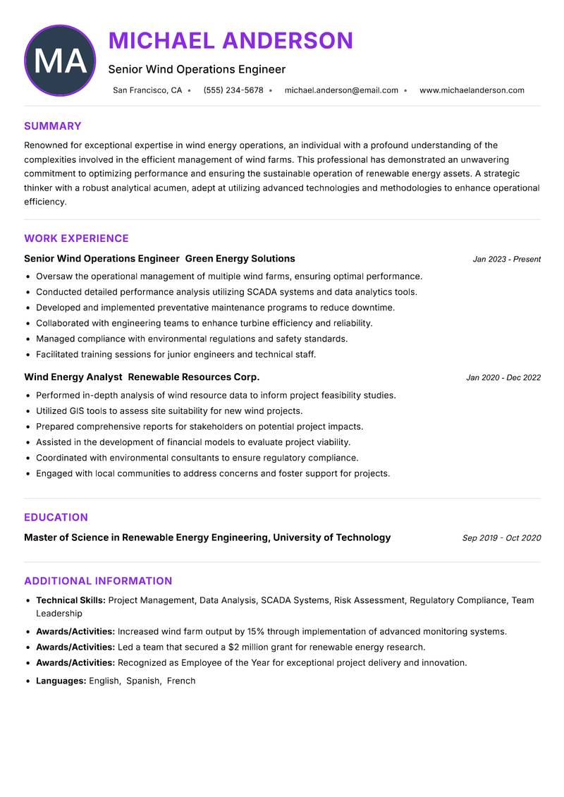 Wind Operations Engineer resume example — ATS-friendly template