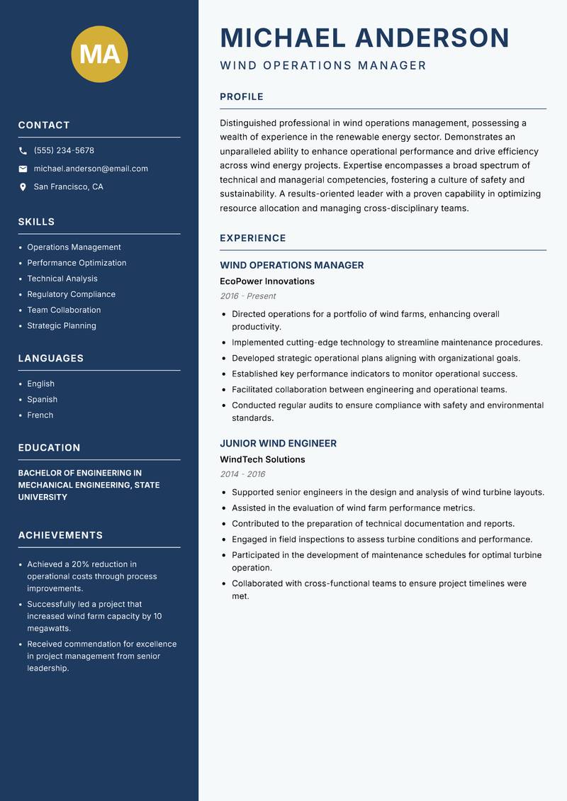 Wind Operations Engineer resume template — Classic Clean