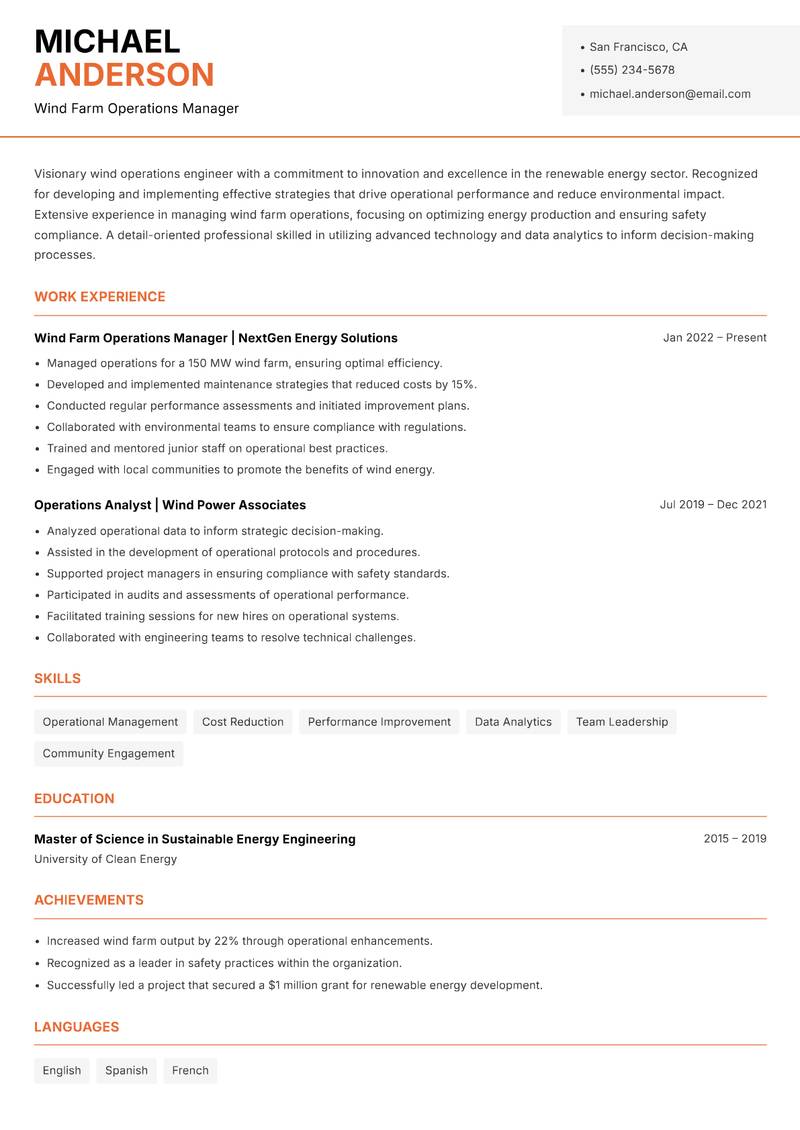 Wind Operations Engineer resume template — Modern Professional