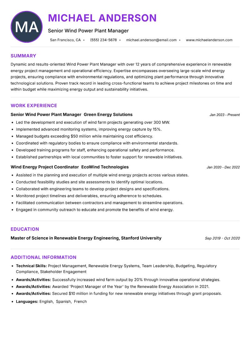 Wind Power Plant Manager resume example — ATS-friendly template