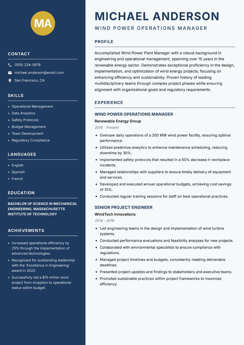Wind Power Plant Manager resume template — Classic Clean