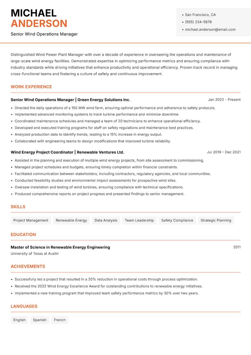 Wind Power Plant Manager resume template — Modern Professional