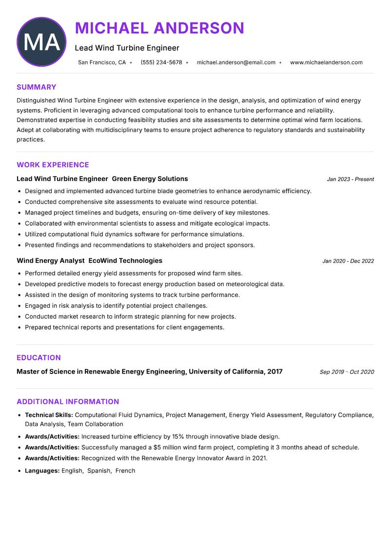 Wind Turbine Engineer resume example — ATS-friendly template