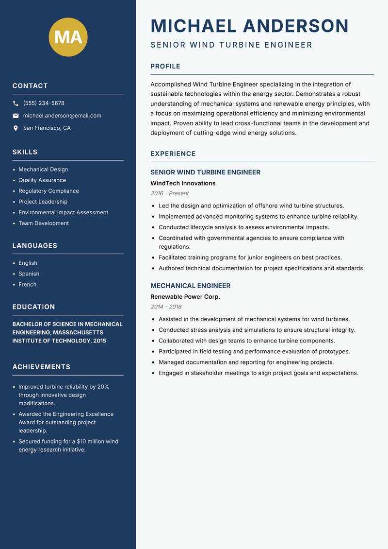 Wind Turbine Engineer resume template — Classic Clean