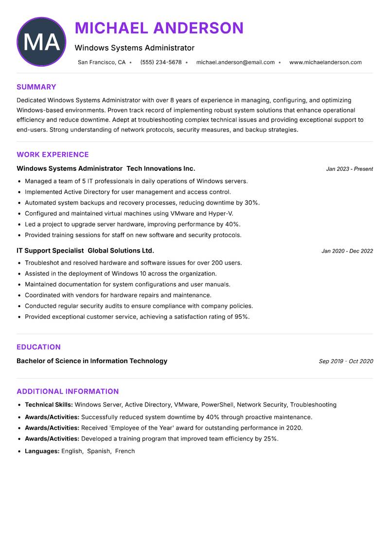 Windows Systems Administrator resume example — ATS-friendly template