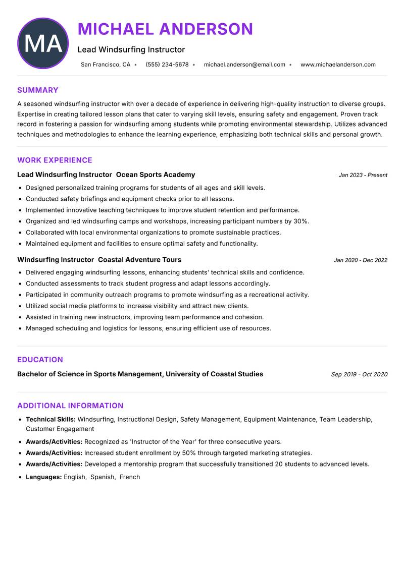 Windsurfing Instructor resume example — ATS-friendly template