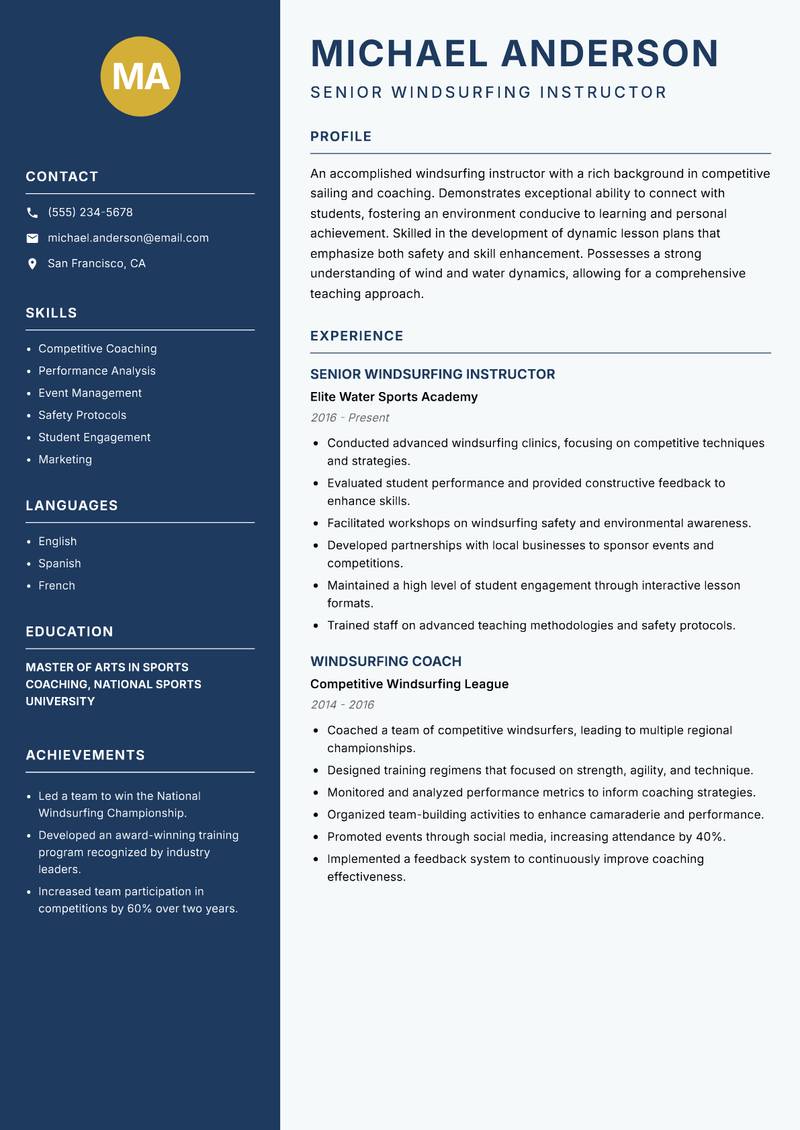 Windsurfing Instructor resume template — Classic Clean