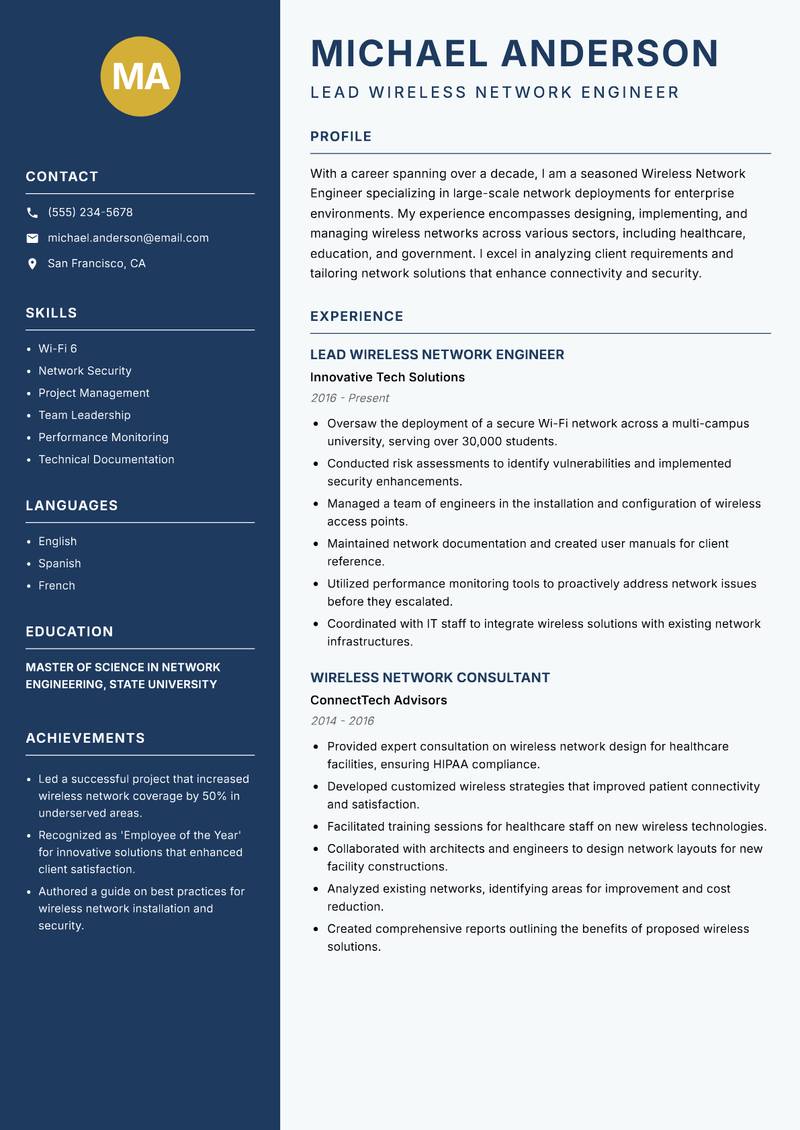 Wireless Network Engineer resume template — Classic Clean