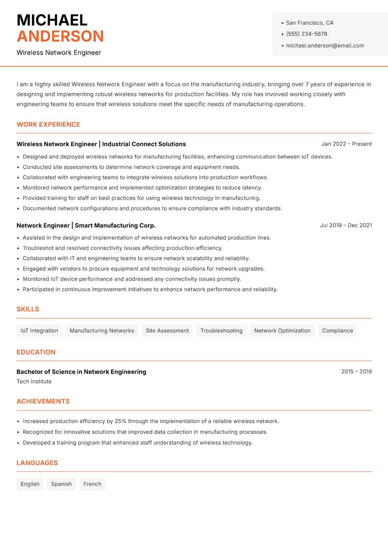 Wireless Network Engineer resume template — Modern Professional