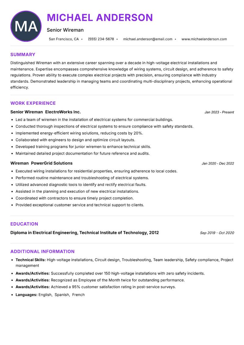 Wireman resume example — ATS-friendly template