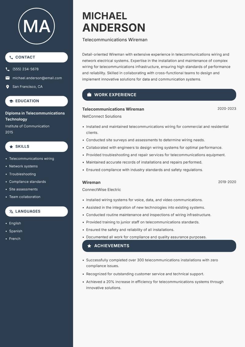 Wireman resume template — Compact