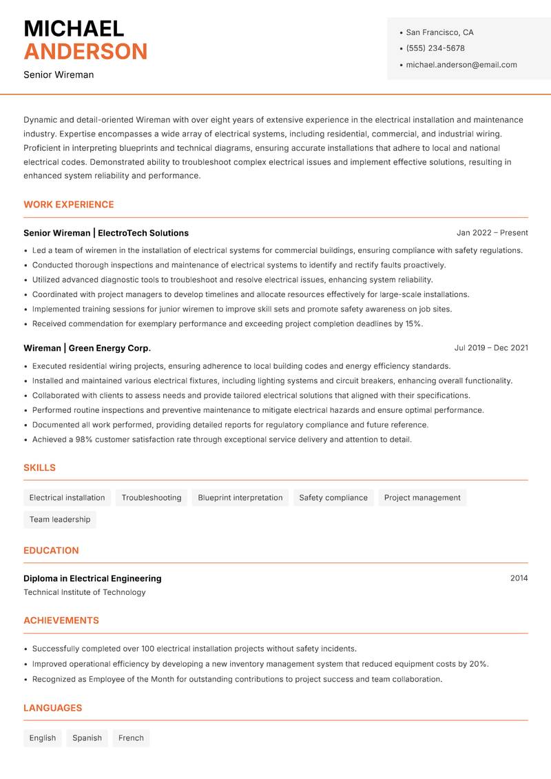 Wireman resume template — Modern Professional