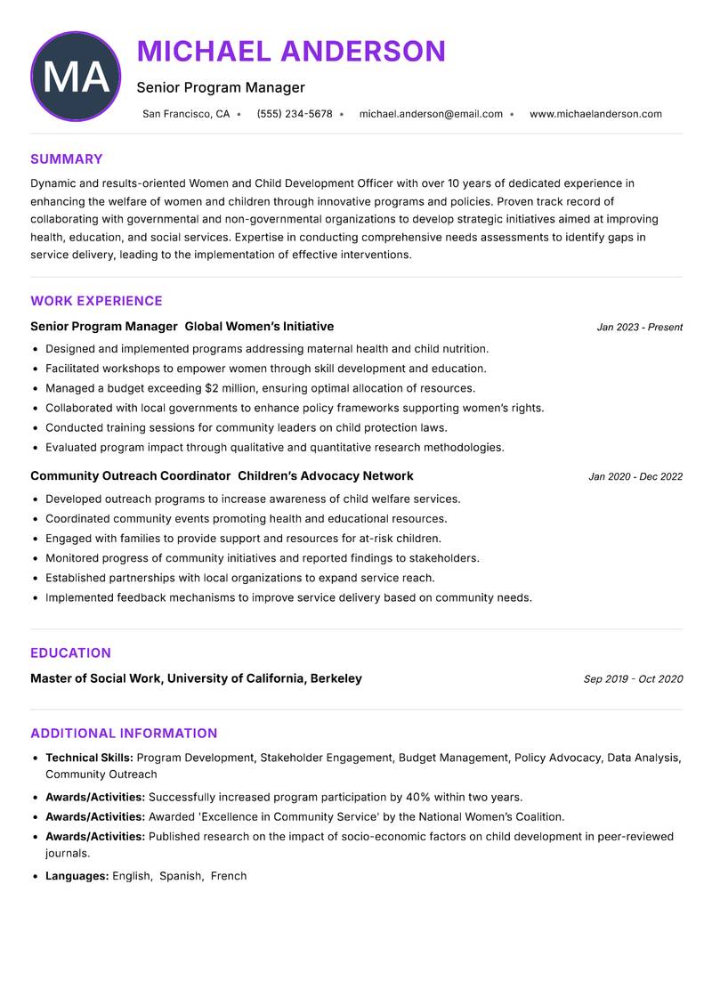 Women and Child Development Officer resume example — ATS-friendly template