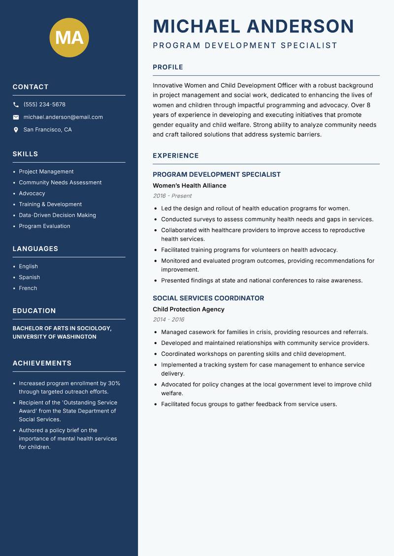 Women and Child Development Officer resume template — Classic Clean