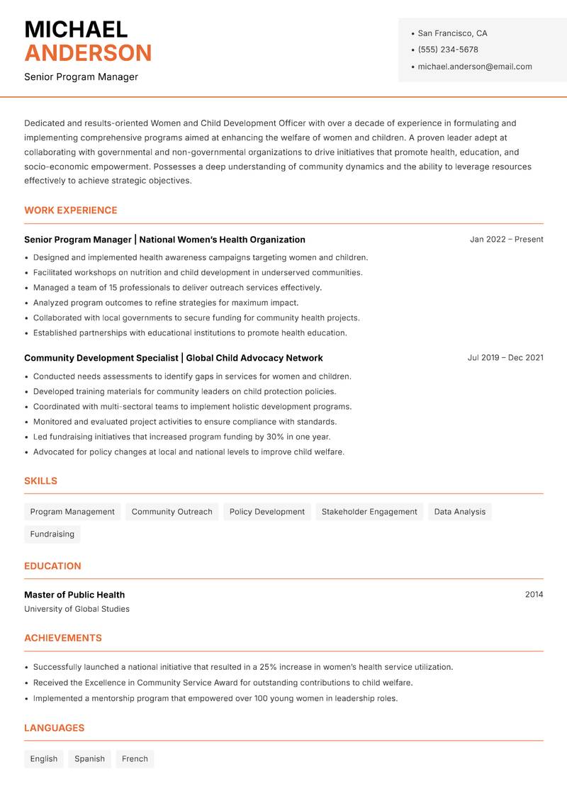 Women and Child Development Officer resume template — Modern Professional