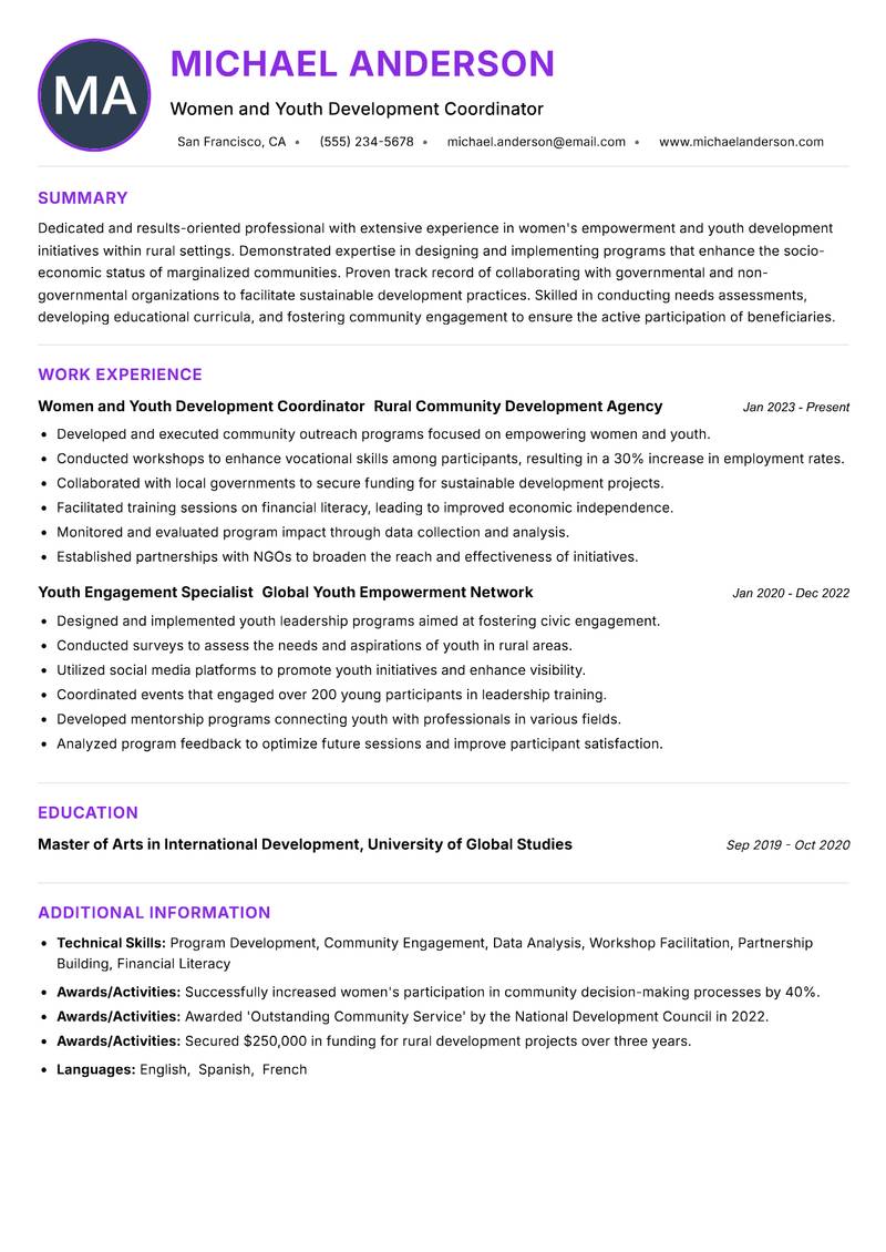Women and Youth Development Officer Rural resume example — ATS-friendly template