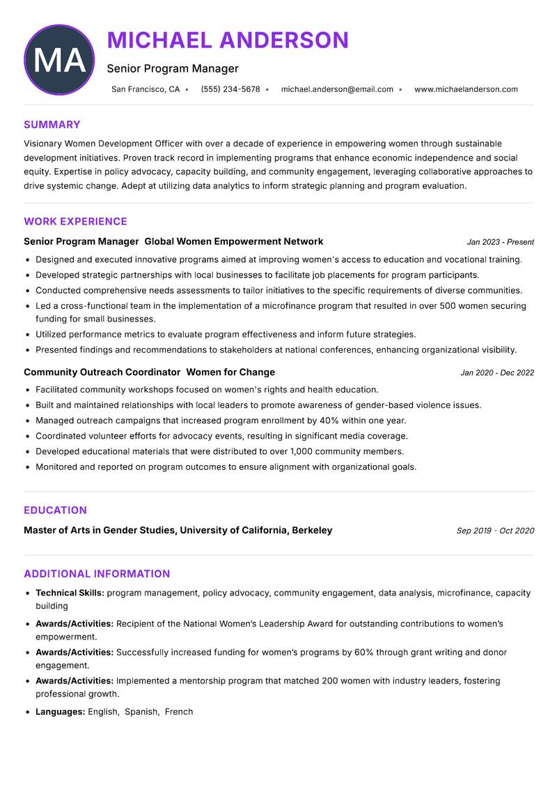 Women Development Officer resume example — ATS-friendly template