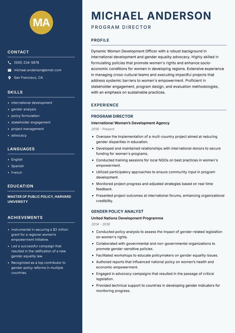 Women Development Officer resume template — Classic Clean