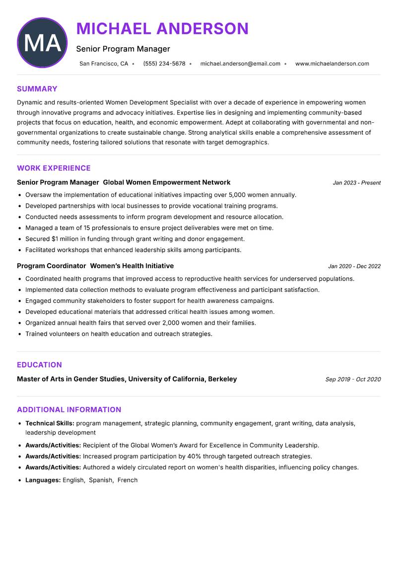 Women Development Specialist resume example — ATS-friendly template
