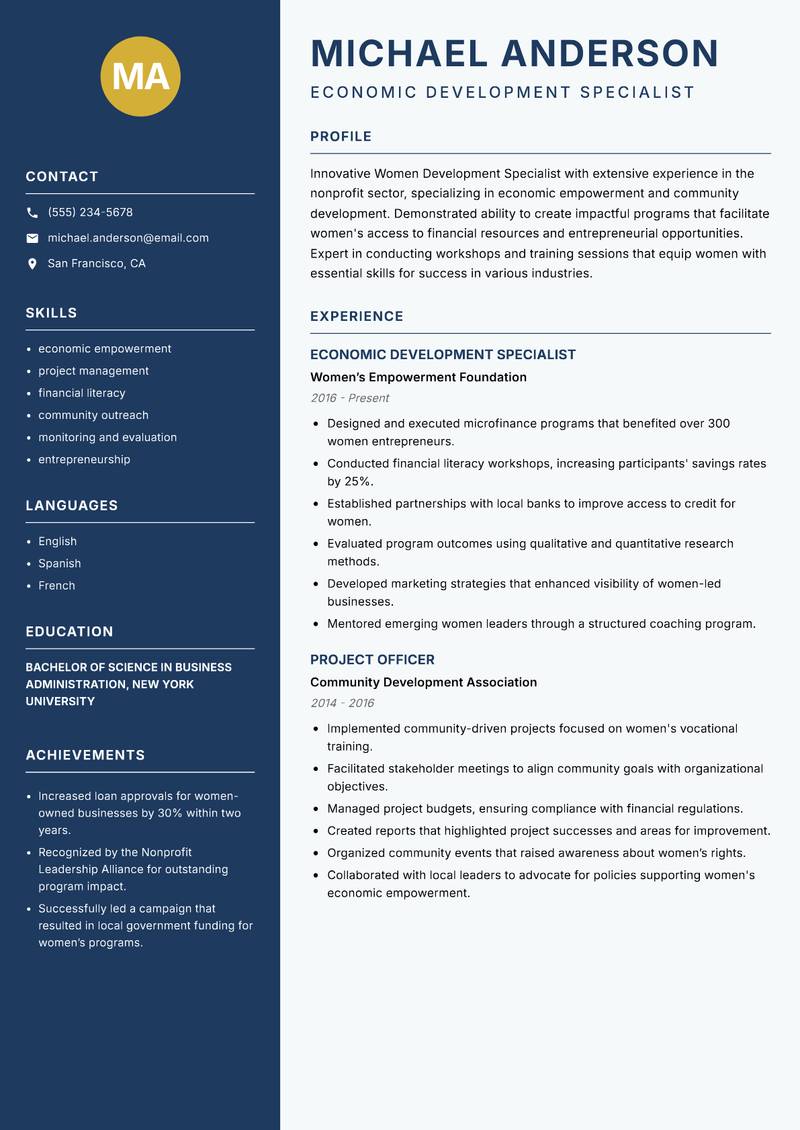 Women Development Specialist resume template — Classic Clean