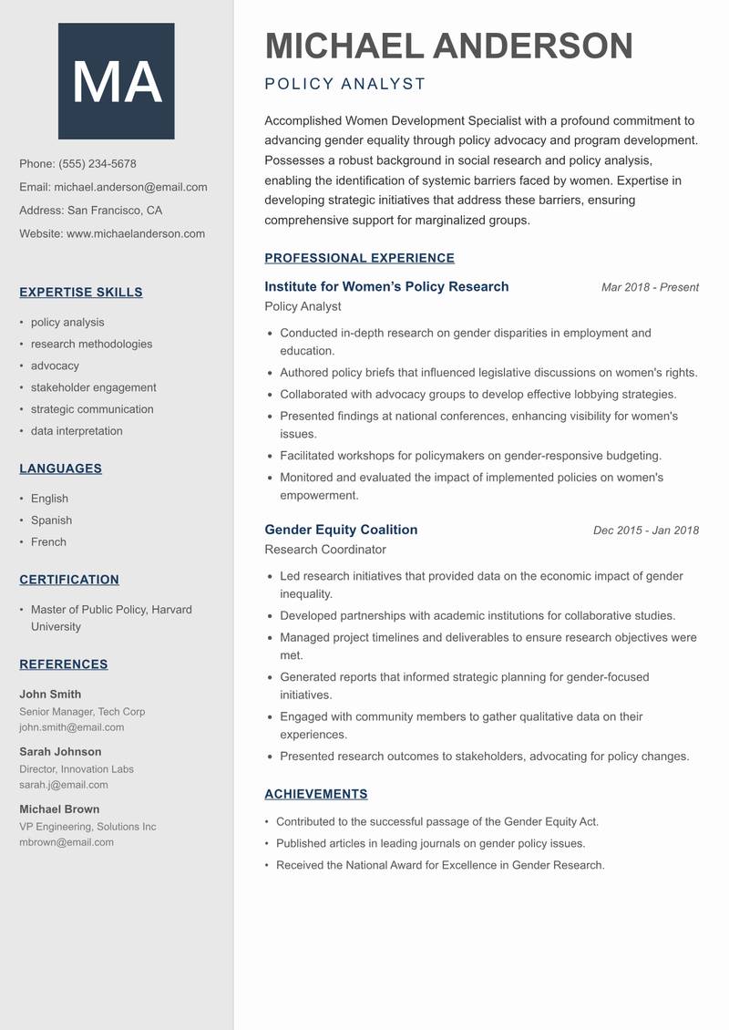 Women Development Specialist resume template — Creative Minimal