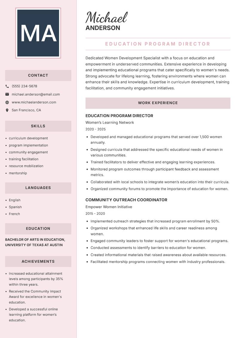 Women Development Specialist resume template — Executive