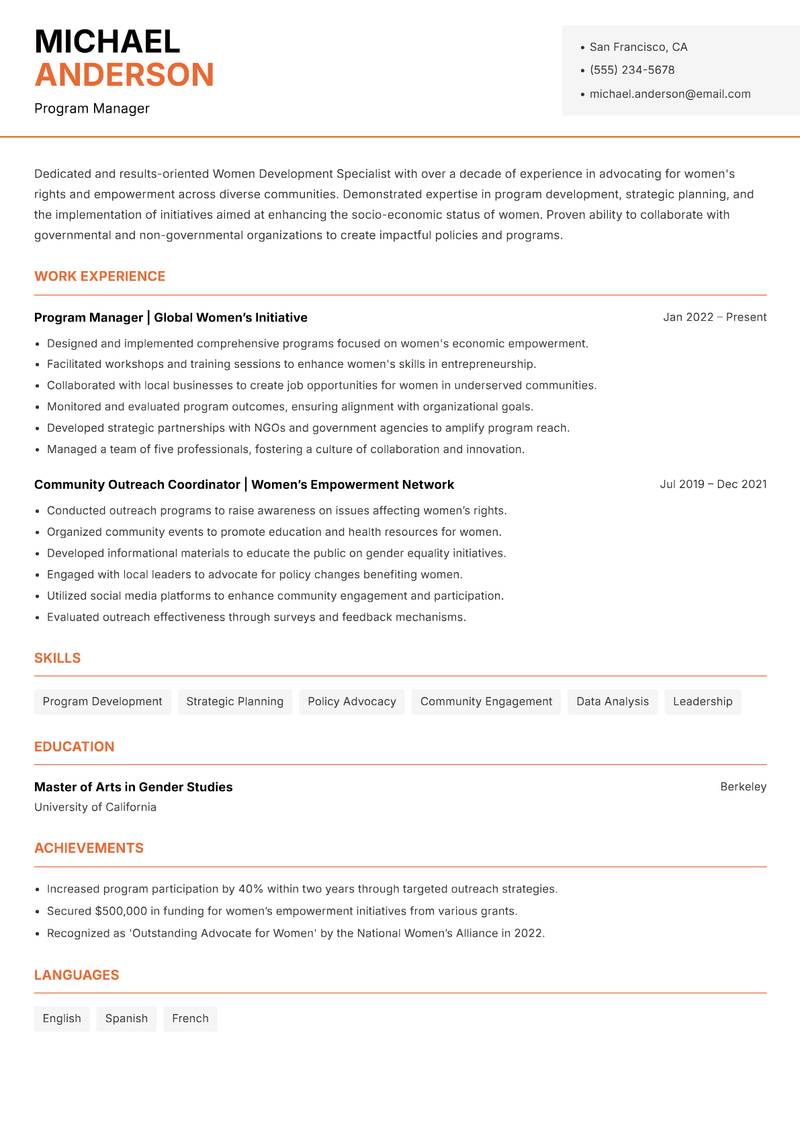 Women Development Specialist resume template — Modern Professional