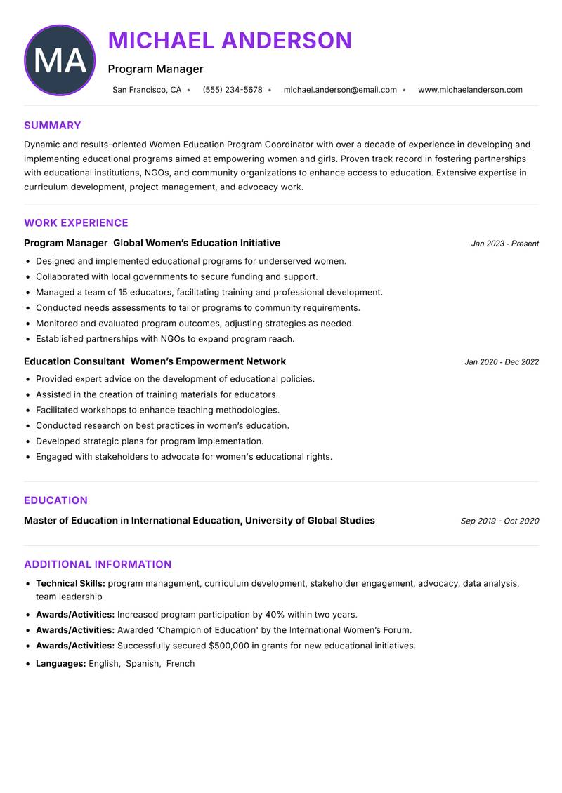 Women Education Program Coordinator resume example — ATS-friendly template
