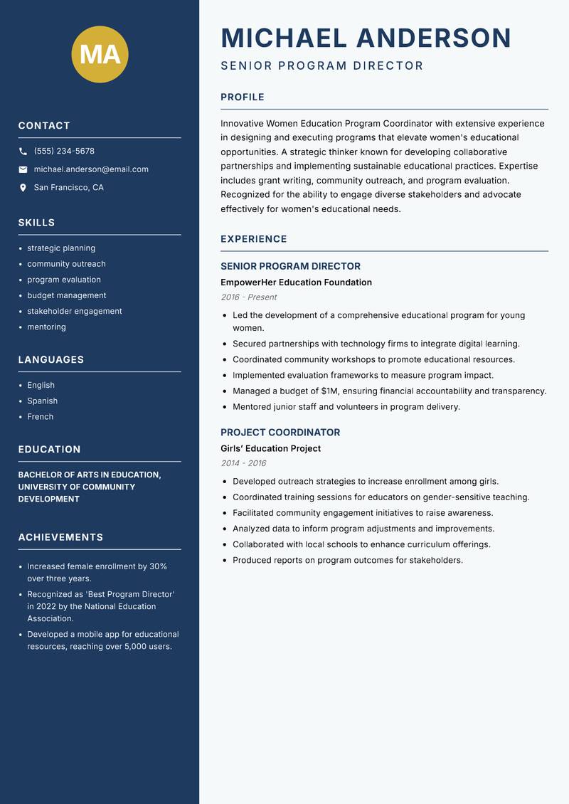 Women Education Program Coordinator resume template — Classic Clean