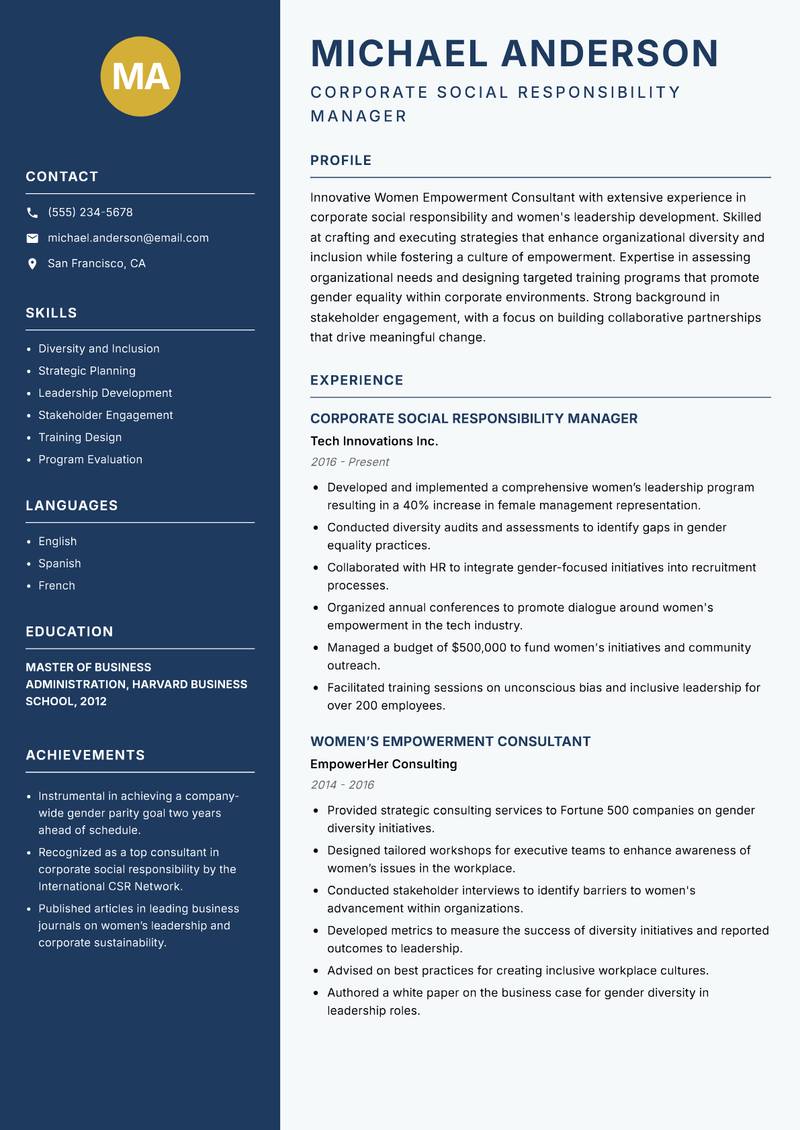 Women Empowerment Consultant resume template — Classic Clean