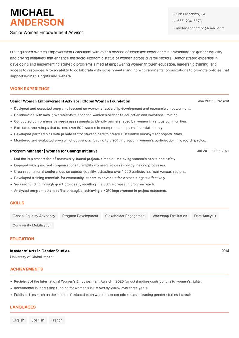 Women Empowerment Consultant resume template — Modern Professional