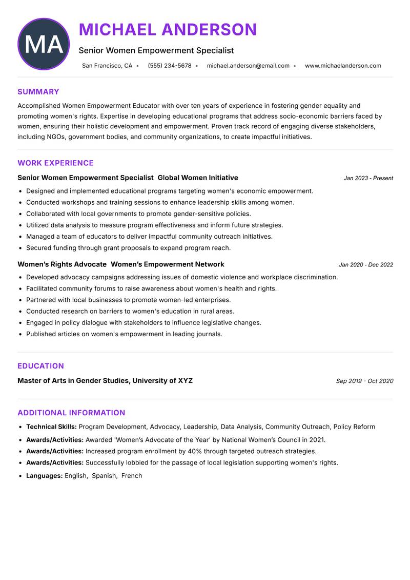 Women Empowerment Educator resume example — ATS-friendly template