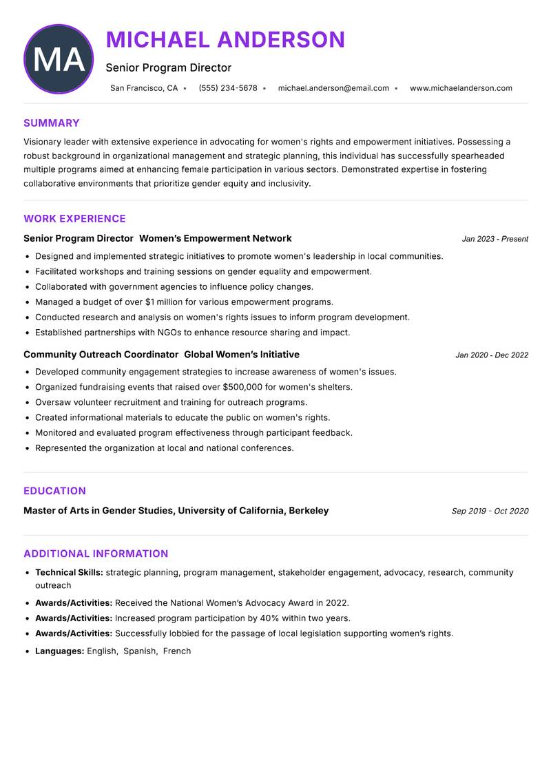 Women Empowerment Executive resume example — ATS-friendly template