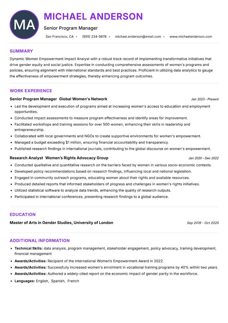 Women Empowerment Impact Analyst resume example — ATS-friendly template
