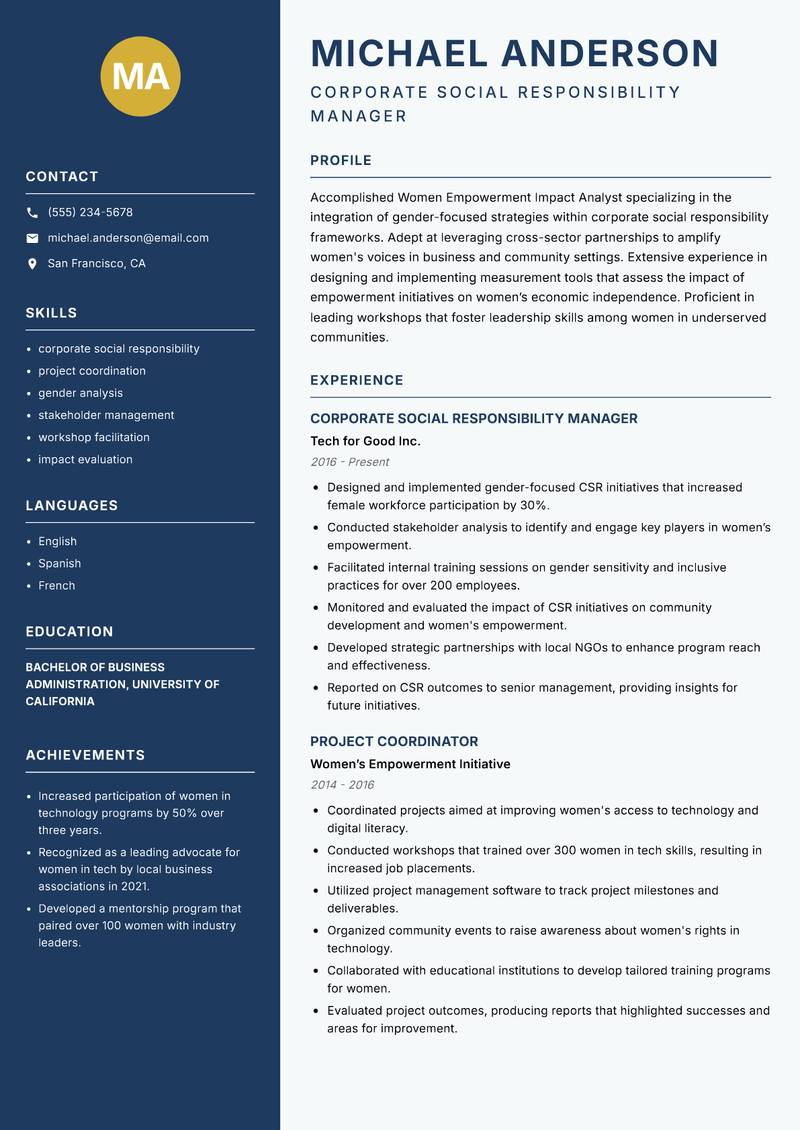 Women Empowerment Impact Analyst resume template — Classic Clean