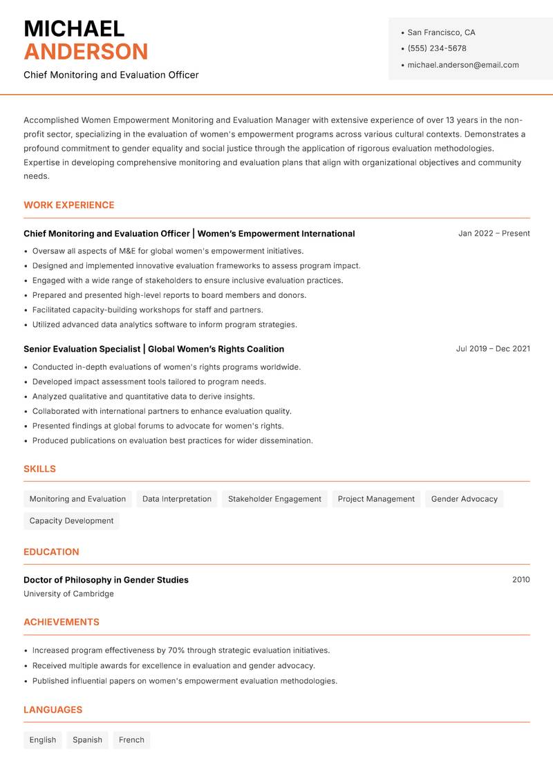 Women Empowerment Monitoring and Evaluation Manager resume template — Modern Professional