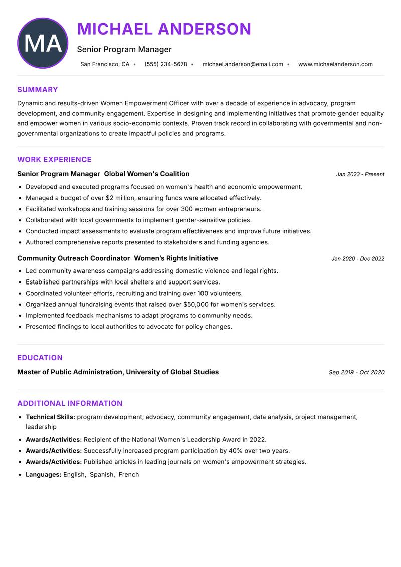 Women Empowerment Officer resume example — ATS-friendly template