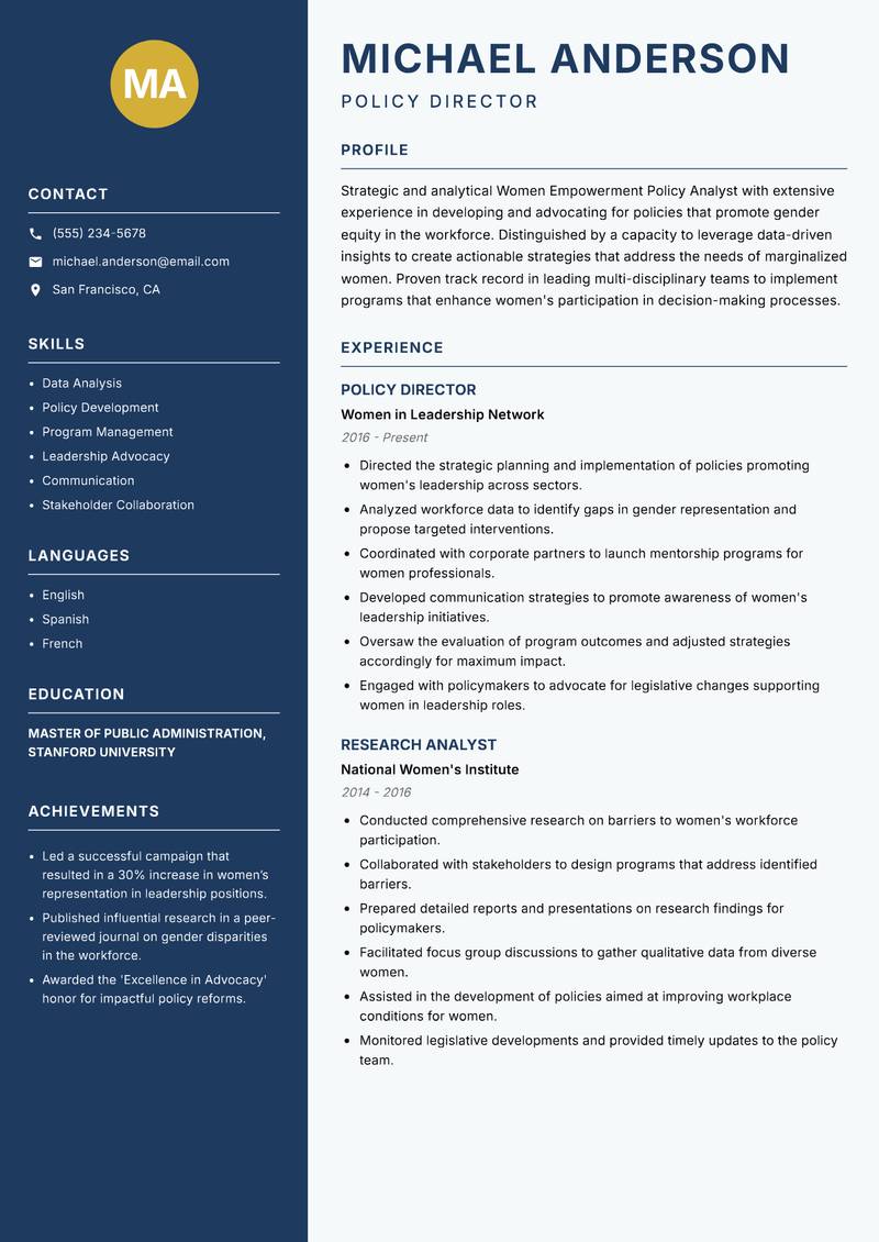 Women Empowerment Policy Analyst resume template — Classic Clean